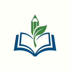 Eco-friendly education logo featuring an open book with a growing pencil and leaf sprouting from the center