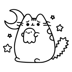 Halloween best friends: kawaii kitten hugging a spooky spirit