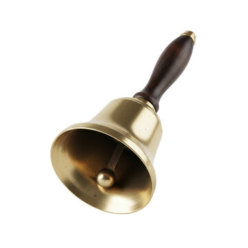 Antique brass handbell with wooden handle on transparent background