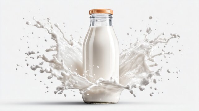 Milk bottle with splash, fresh dairy product on white background