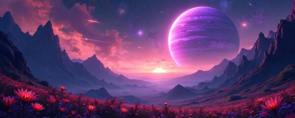 Dreamy digital art displays a fantasy landscape. Mountains rise under a starry cosmic sky. A vibrant planet shines while flowers bloom on the ground with pink colors.