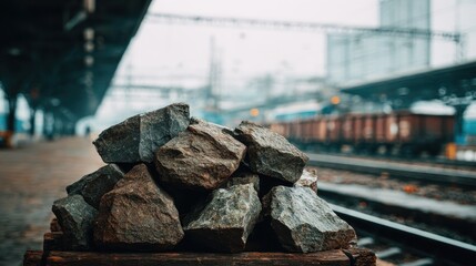 Close Up View of Stacked Dark Grey Rocks with Railroad Tracks and Blurred Background