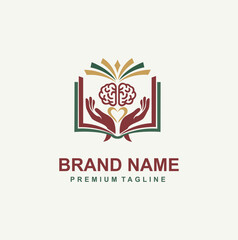 Professional logo for mental well-being, education, or coaching, featuring hands holding a book with a brain and heart icon.
