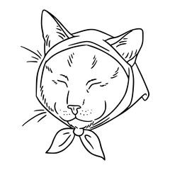 cute babushka cat head scarf line art