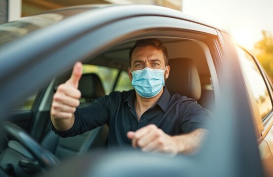Man in car wears face mask giving thumbs up. Businessman drives vehicle showing okay sign. Safety during pandemic is important for healthy travel. - Powered by Adobe