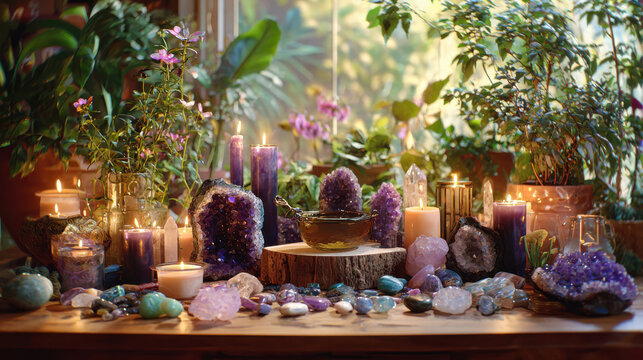 Calm altar with teacher growth mindset surrounded by crystals candles plants and soft sunlight evoking peaceful focus
