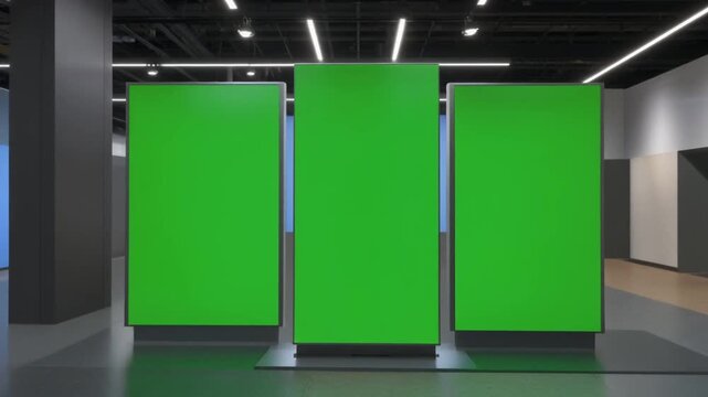 three vertical green screen signage displays stand in a modern exhibition hall, perfect for trade show advertising and digital marketing mockups.