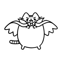 adorable Pusheen kitten in Halloween bat costume outline drawing