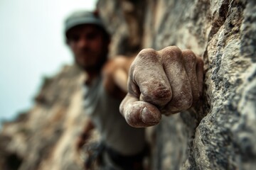 Obraz premium Close-up view of a free climber's hand gripping rocky surface during a challenging climb on a vertical cliff face