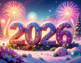 Illustration of a snowy landscape with large &ldquo;2026&rdquo; numbers in the foreground. Colorful fireworks light up the night sky in the background, creating a festive and celebratory scene.
