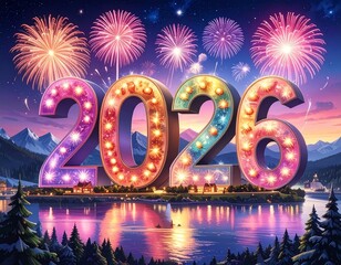 Illustration of a snowy landscape with large &ldquo;2026&rdquo; numbers in the foreground. Colorful fireworks light up the night sky in the background, creating a festive and celebratory scene.