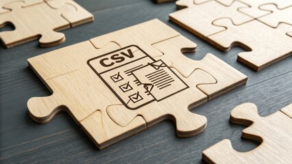 Wooden puzzle piece with CSV checklist illustration on a dark table surface, symbolizing data organization and analysis