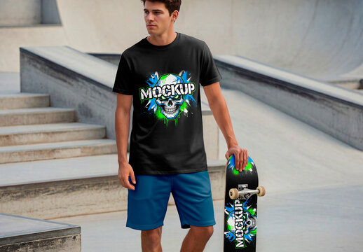T Shirt Mockup With Male Model Holding Skateboard
