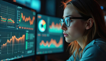 Focused woman analyzes data on multiple screens. Studies charts, graphs in control room. Manager reviews financial analytics for project. Engineer reviews information displayed on monitor. Digital