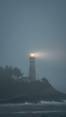 Lighthouse in Fog by the Ocean with Light Beam Shining Brightly