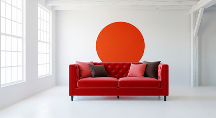 Inviting red sofa with throw pillows in a modern, bright living room featuring large windows and a vibrant orange circle wall accent