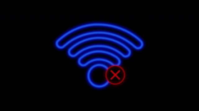 An animated neon icon indicating a missing or lost Wi-Fi signal. Visualization of wireless internet access