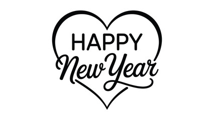 Elegant Happy New Year typography design inside a heart outline featuring modern calligraphy, festive lettering, and clean black line art, perfect for greeting cards, holiday branding, and seasonal ce