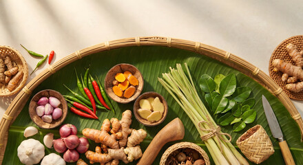 Assortment of fresh Thai and Asian cooking ingredients, herbs, and spices arranged on a banana leaf in a traditional woven tray.