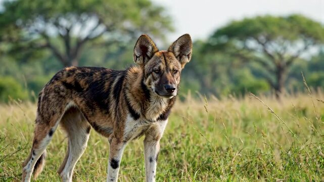 Wild canids in the steppes Close-up of African wild dogs