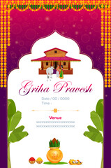 Indian house warming griha pravesh invitation, Invitation template with vector illustration of village house,