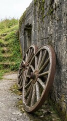 Obraz premium Antique Wooden Wheels Leaning Against Weathered Stone Wall