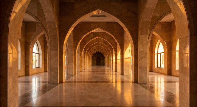 A long, grand hallway with repeating arches and columns, illuminated by warm sunlight creating reflections on the polished floor.