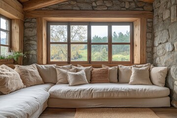 Corner sofa against window in room with stone cladding walls. Farmhouse style interior design of modern living room, Generative AI