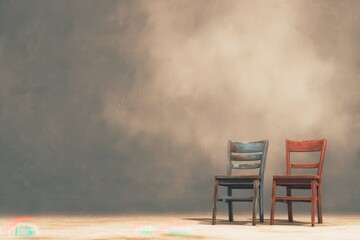Simple and charming display of two rustic chairs against a textured background, inviting viewers to imagine a cozy setting in a warm living space or a quaint cafe