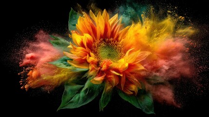 Exploding Sunflower with Vibrant Powdered Color Burst Against Black Background