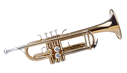 Obraz premium Golden trumpet with silver accents showing valves and bell, musical instrument for jazz or classical music cutout on alpha channel