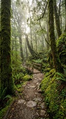 Obraz premium Serene Misty Forest Path with Bridge Over Lush Green Vegetation
