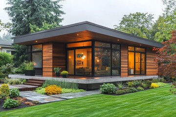 Modern small minimalist cubic house with wooden cladding and concrete walls and landscaping design front yard. Residential architecture exterior, Generative AI