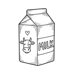 Hand-drawn milk carton with cow illustration and heart icon on transparent background
