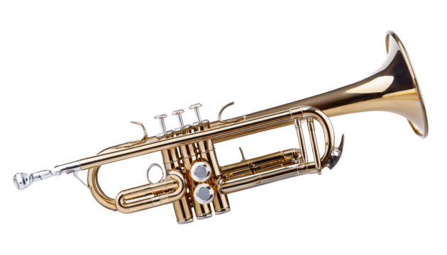 Golden trumpet with silver accents showing valves and bell, musical instrument for jazz or classical music cutout on alpha channel