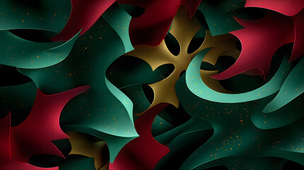 Vibrant abstract ribbons twist in teal, red, and gold against a dark, speckled background, creating a dynamic, kaleidoscopic composition.