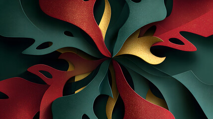 Abstract paper-cut style artwork with layered red, green, and gold folds radiating from a central starburst.