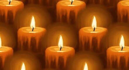 Seamless pattern of glowing orange candles with dripping wax creating a warm and inviting ambiance.