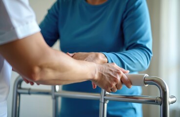 Physical therapist helps patient stand with walker in therapy room. Person with mobility issue receives medical aid and support. Caregiver aids woman with walking frame for rehab.
