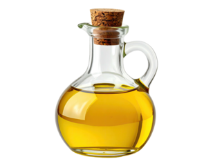 Glass decanter filled with golden liquid, cork topped