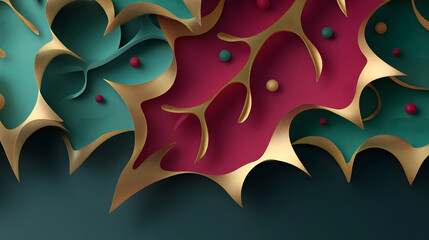 Abstract festive papercut design with gold-edged teal and pink shapes on a dark teal background.