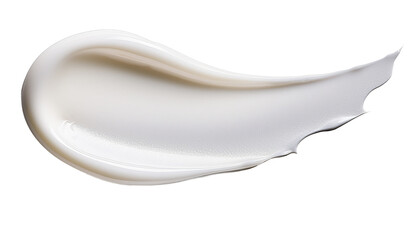 A smear of white cream or lotion with a curved shape is displayed on a white background in a close up studio shot png with transparency