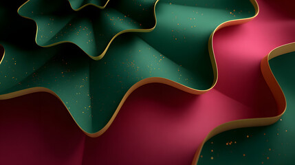 Close-up of layered green and red decorative paper with gold-edged folds and tiny specks.