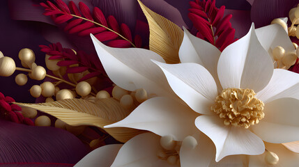 Closeup of a white flower framed by gold and burgundy leaves in a luxurious decorative arrangement.