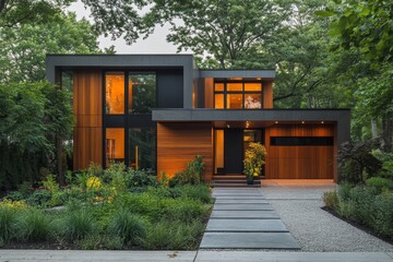 Modern small minimalist cubic house with wooden cladding and concrete walls and landscaping design front yard. Residential architecture exterior, Generative AI