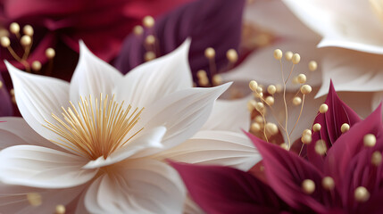 Close-up of white lotus-like blooms with golden stamens, set against burgundy petals in soft focus.