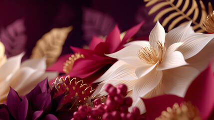 Close-up of a vibrant tropical bouquet featuring white, pink, and magenta blossoms with lush petals.