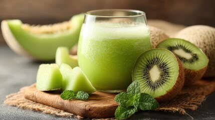 Fresh Green Smoothie In A Glass With Kiwi And Melon On A Wooden Board
