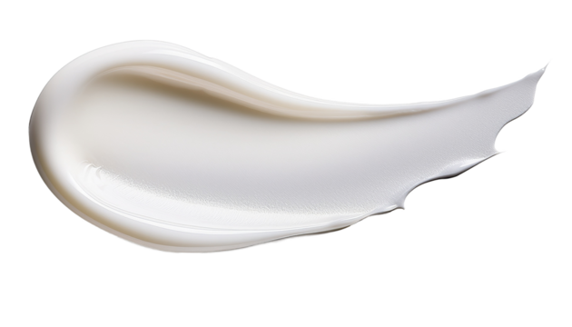A smear of white cream or lotion with a curved shape is displayed on a white background in a close up studio shot png with transparency