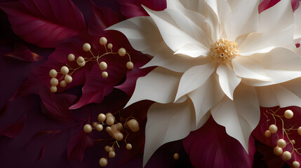 Close-up of a large white dahlia-like bloom with burgundy leaves and pale berries, creating a dramatic floral contrast.